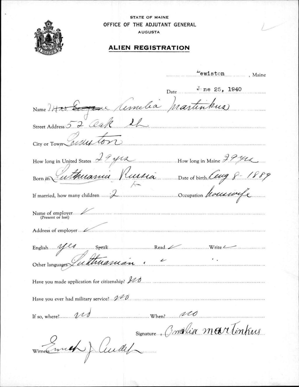 Miniature of Alien Registration- Martinkus, Amelia (Lewiston, Androscoggin County)