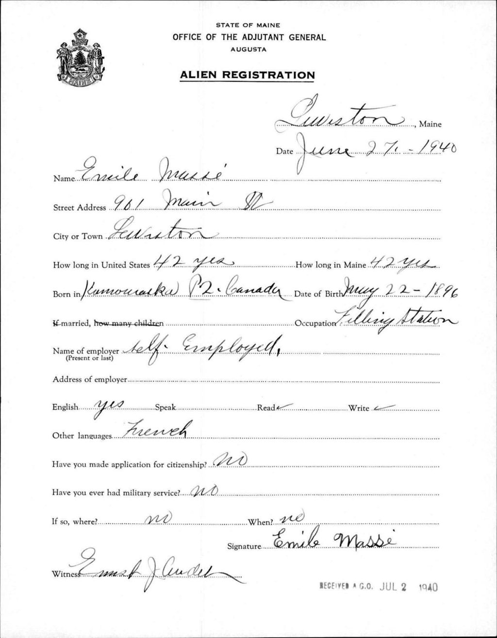 Miniature of Alien Registration- Masse, Emile (Lewiston, Androscoggin County)