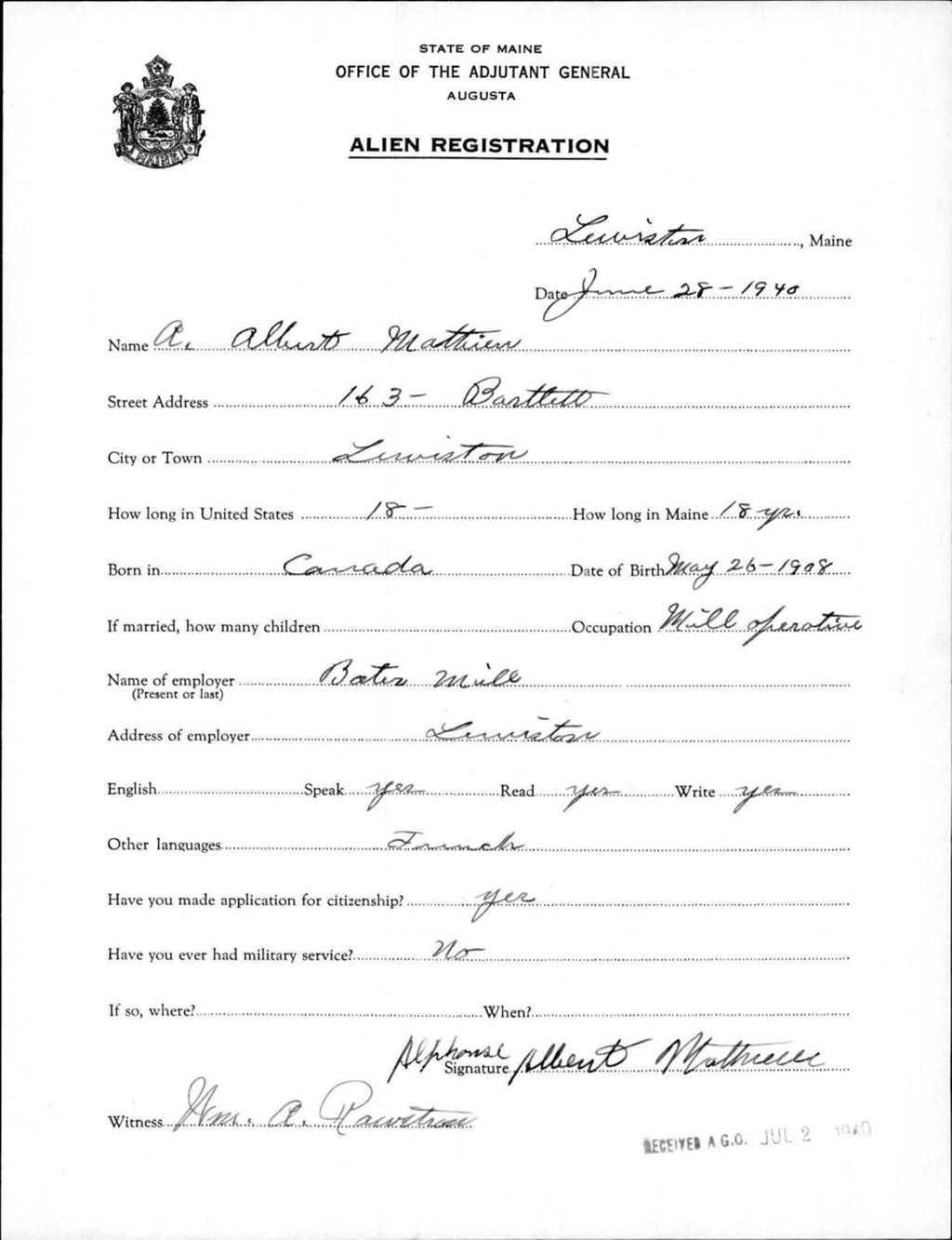 Miniature of Alien Registration- Mathieu, A Albert (Lewiston, Androscoggin County)