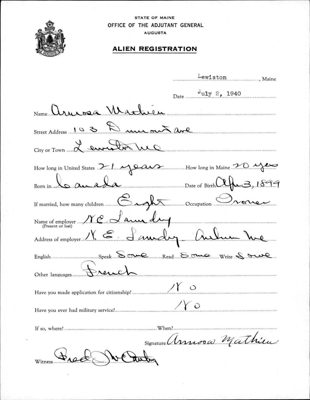 Miniature of Alien Registration- Mathieu, Arurosa (Lewiston, Androscoggin County)