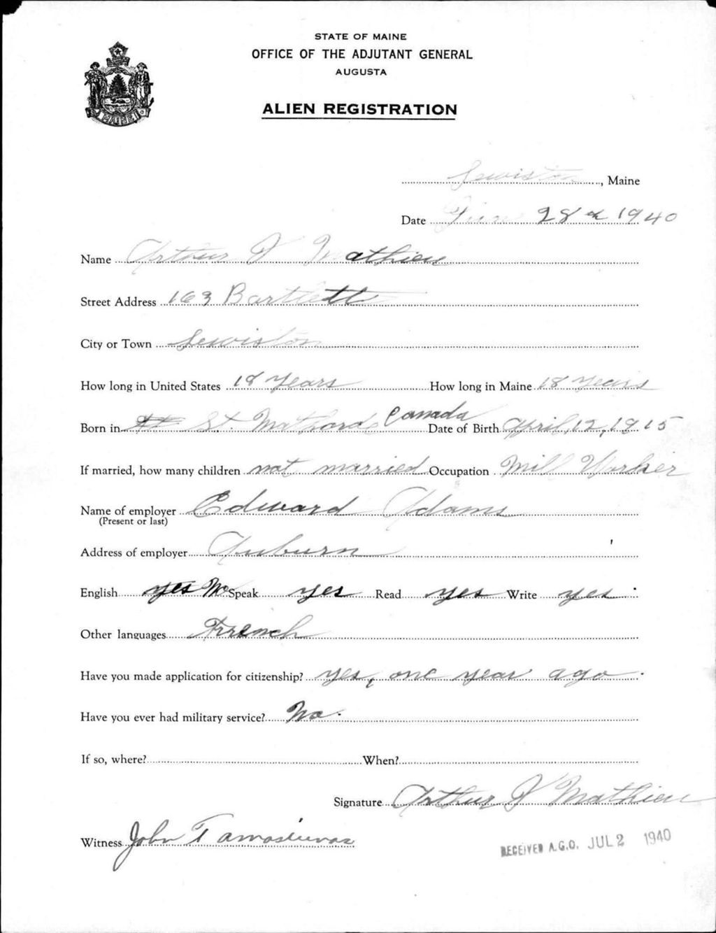 Miniature of Alien Registration- Mathieu, Arthur J. (Lewiston, Androscoggin County)