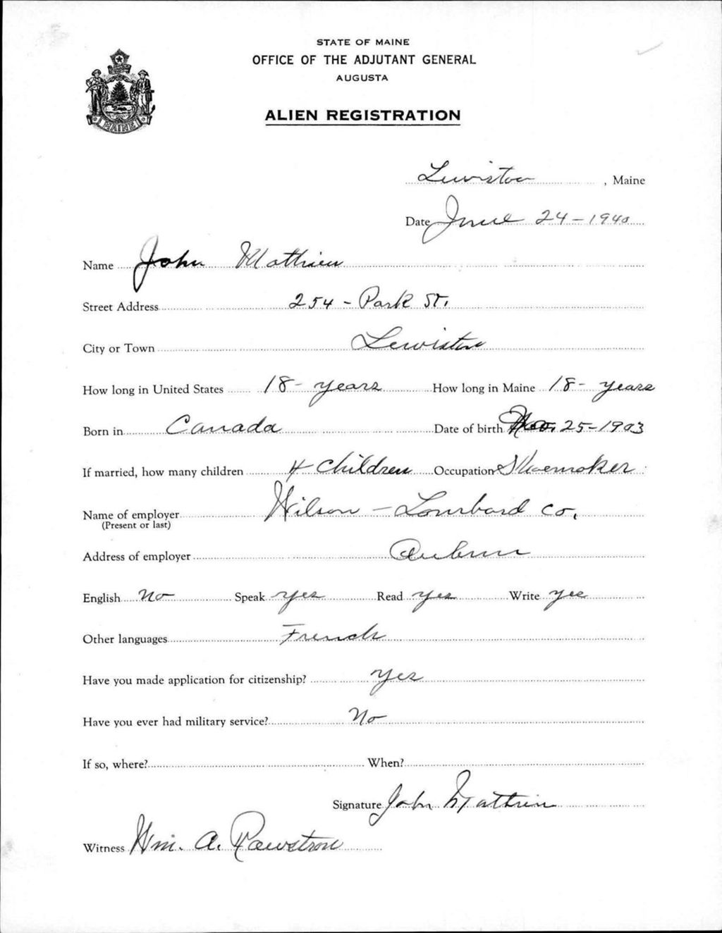 Miniature of Alien Registration- Mathieu, John (Lewiston, Androscoggin County)