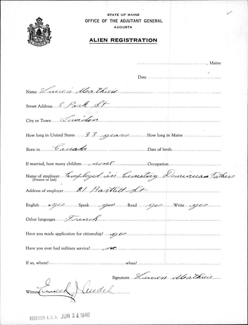 Miniature of Alien Registration- Mathieu, Lucien (Lewiston, Androscoggin County)