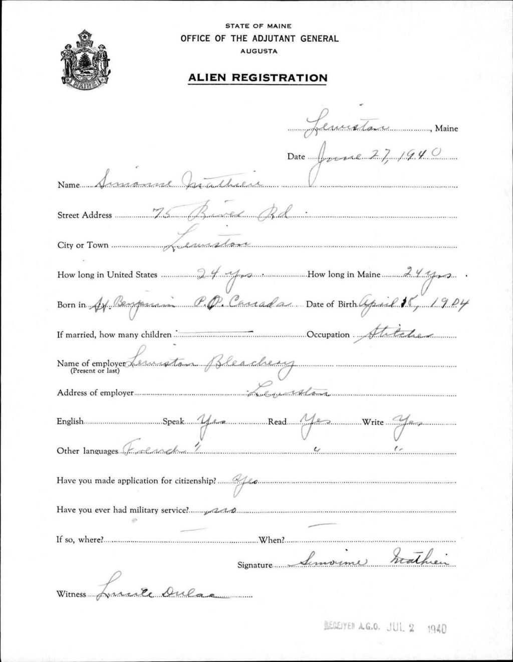 Miniature of Alien Registration- Mathieu, Simone (Lewiston, Androscoggin County)