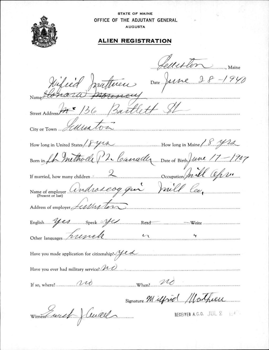 Miniature of Alien Registration- Mathieu, Wilfred (Lewiston, Androscoggin County)