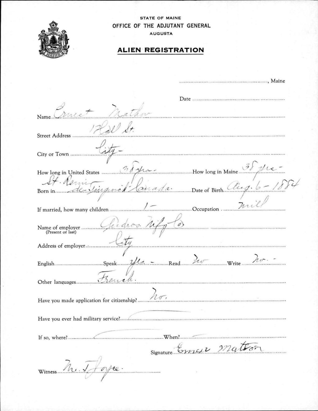 Miniature of Alien Registration- Mathon, Ernest (Lewiston, Androscoggin County)