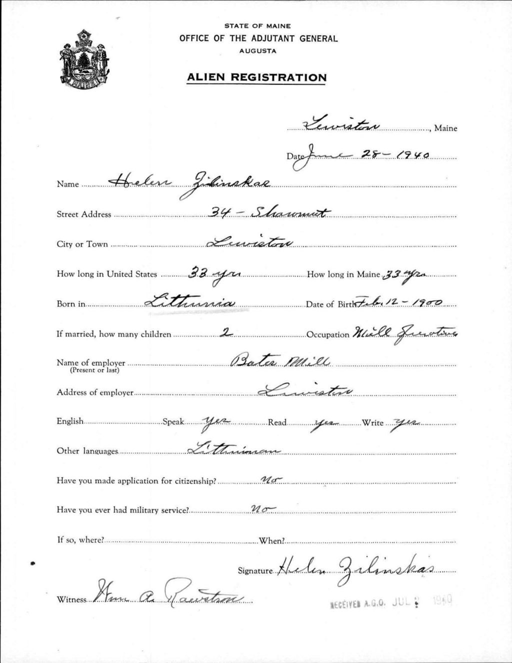 Miniature of Alien Registration- Zilinskas, Helen (Lewiston, Androscoggin County)