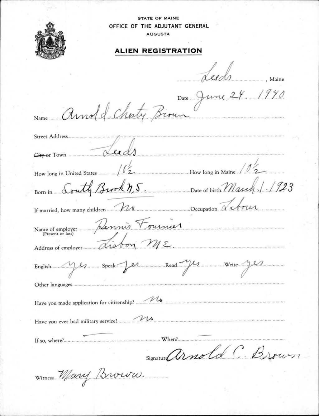 Miniature of Alien Registration- Brown, Arnold C. (Leeds, Androscoggin County)