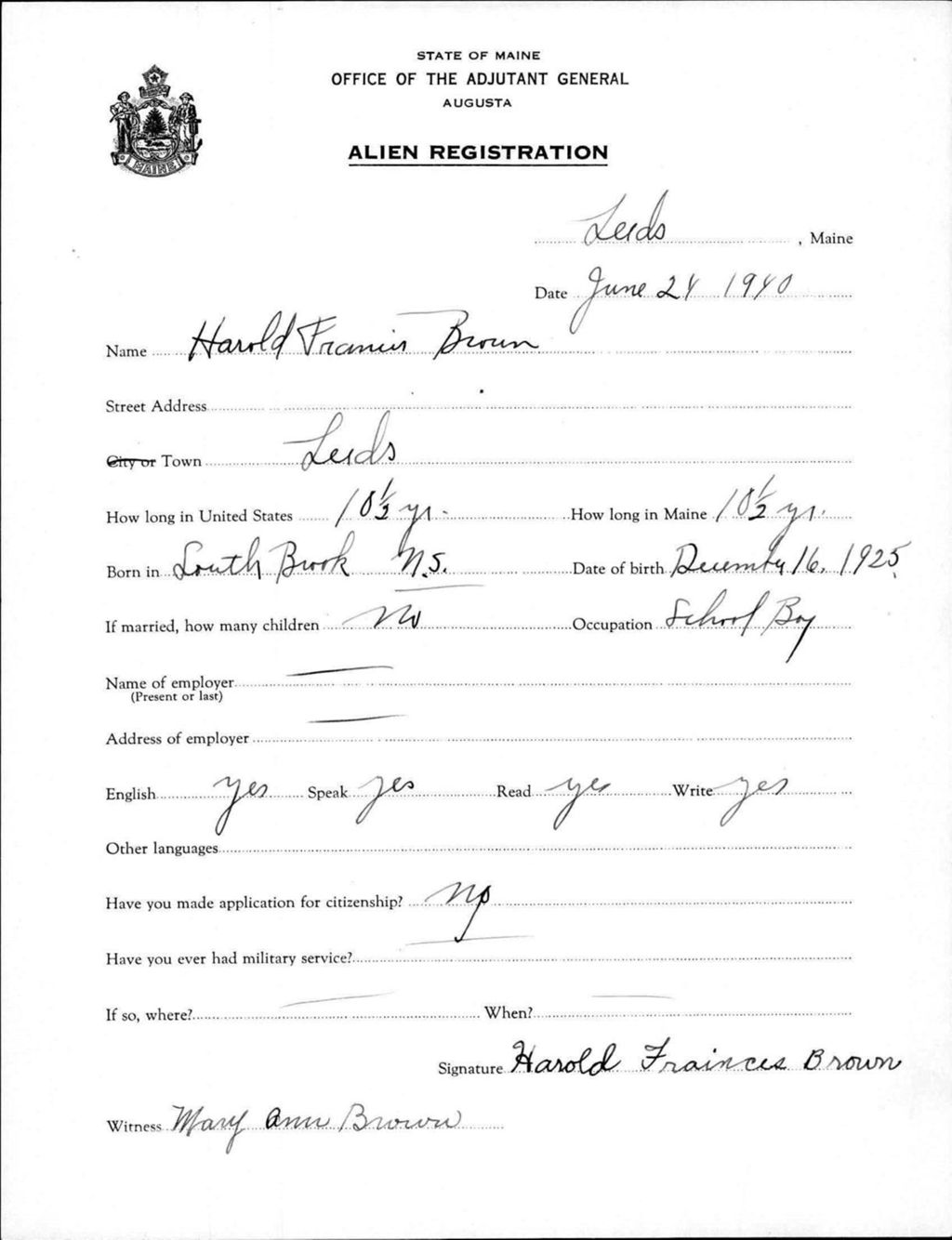 Miniature of Alien Registration- Brown, Harold F. (Leeds, Androscoggin County)