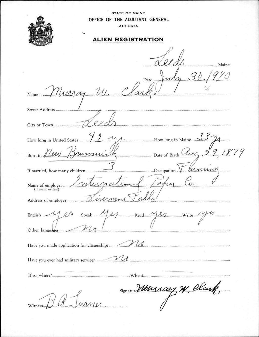 Miniature of Alien Registration- Clark, Murray W. (Leeds, Androscoggin County)