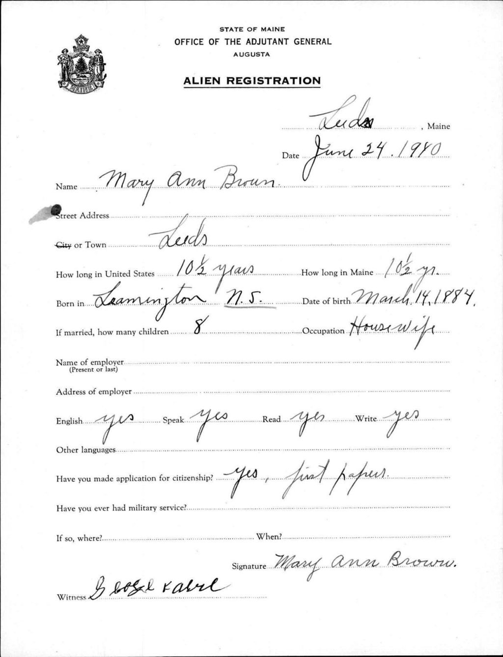 Miniature of Alien Registration- Brown, Mary Ann (Leeds, Androscoggin County)