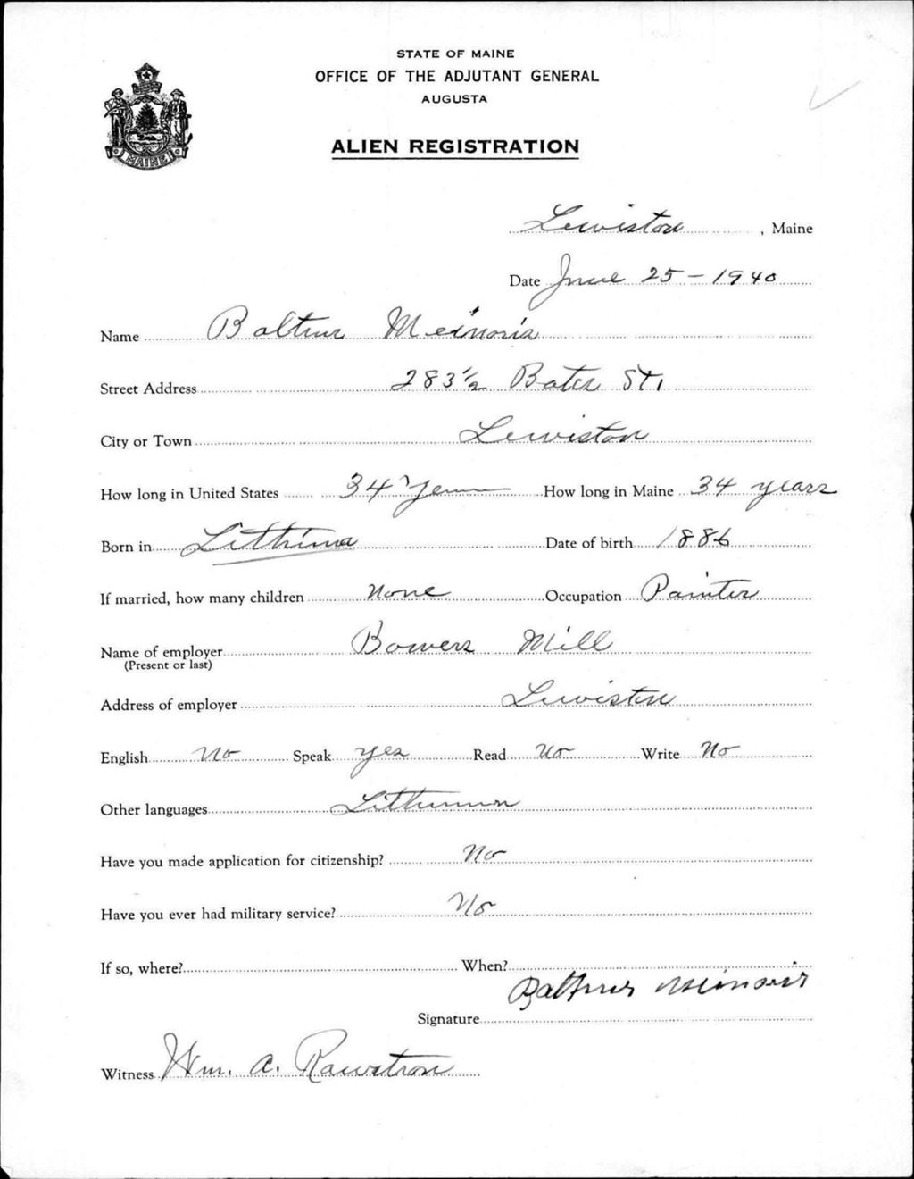 Miniature of Alien Registration- Meinoris, Baltur (Lewiston, Androscoggin County)