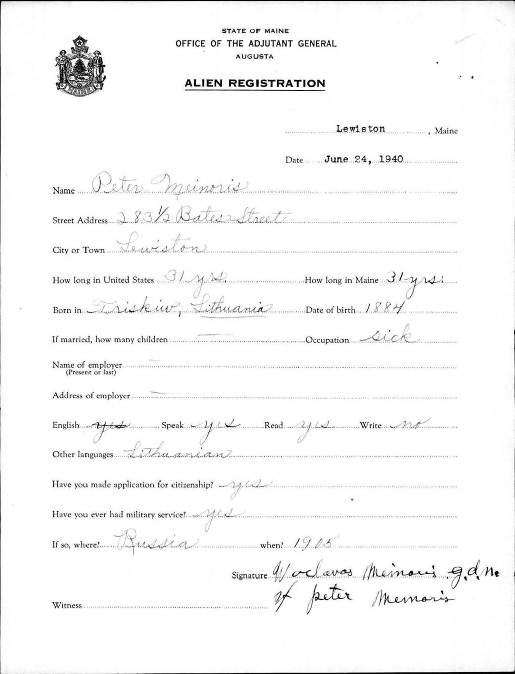 Miniature of Alien Registration- Meinoris, Peter (Lewiston, Androscoggin County)