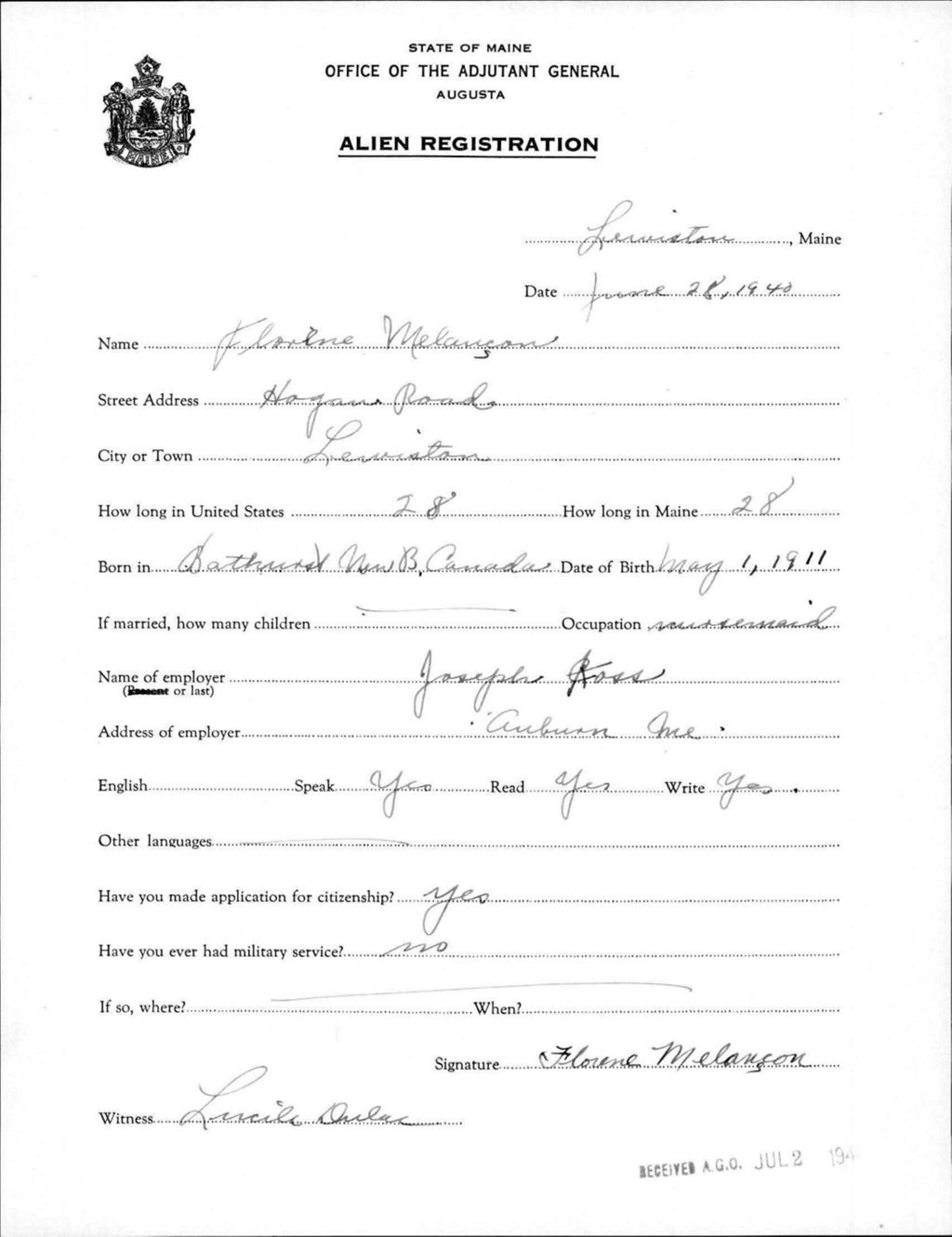 Miniature of Alien Registration- Melanson, Florene (Lewiston, Androscoggin County)