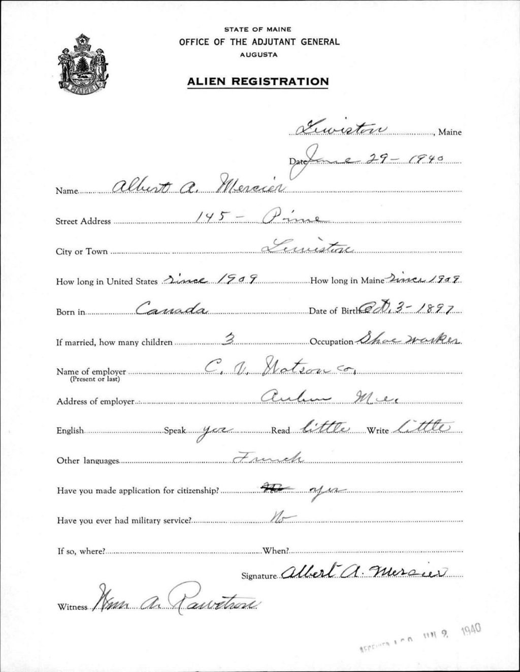 Miniature of Alien Registration- Mercier, Albert A. (Lewiston, Androscoggin County)