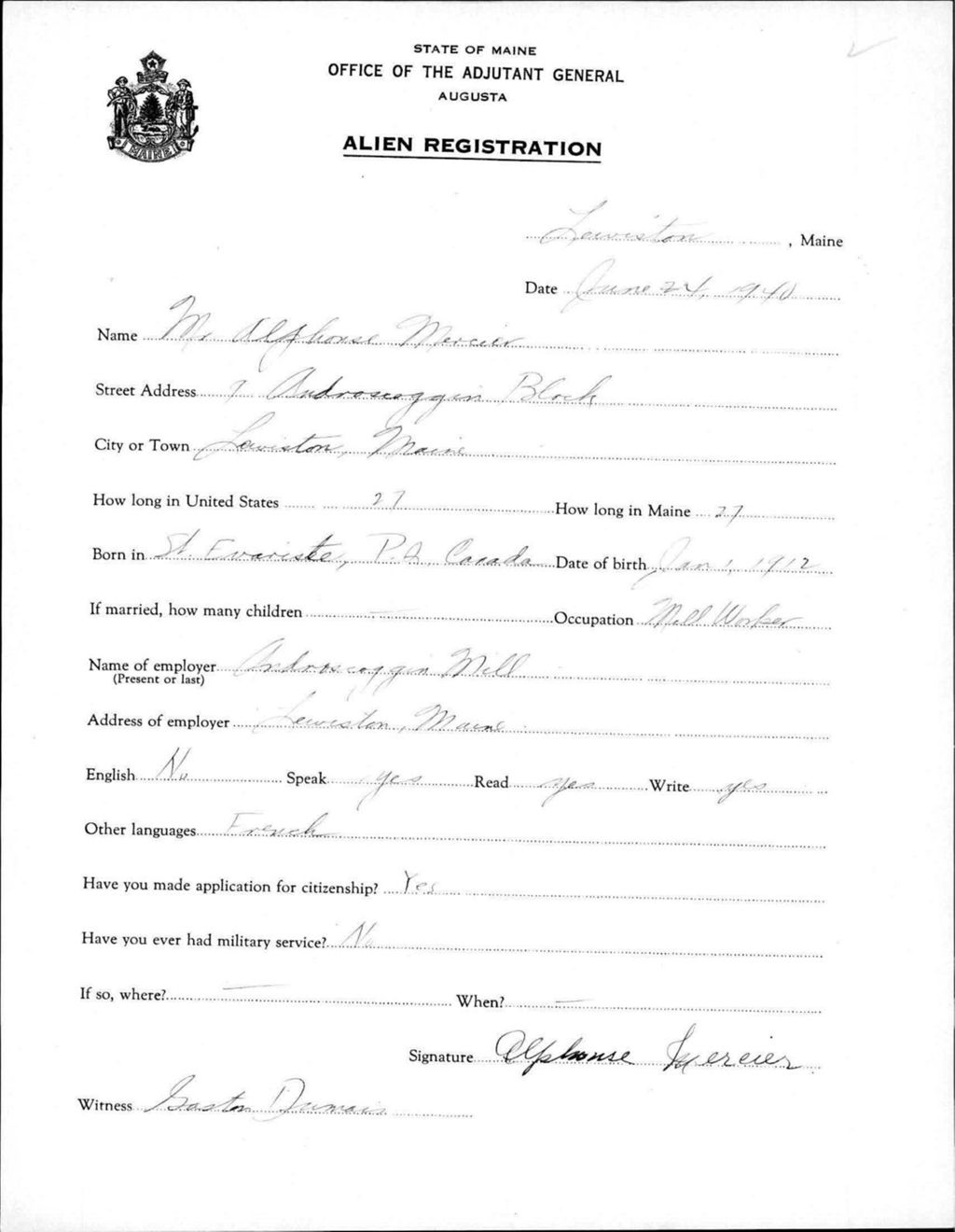 Miniature of Alien Registration- Mercier, Alphonse (Lewiston, Androscoggin County)