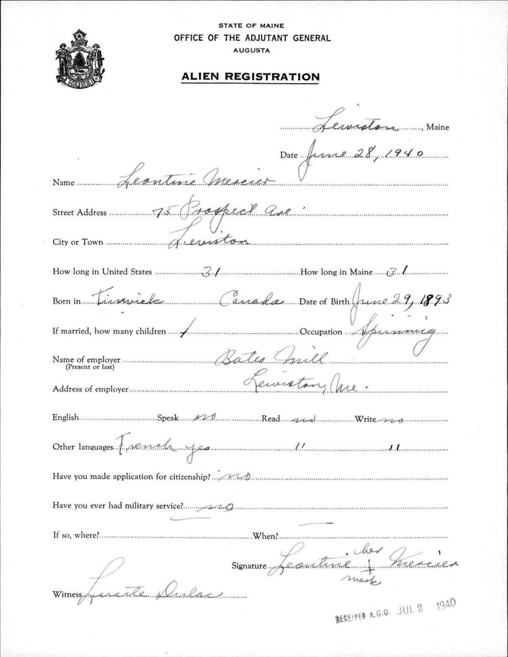 Miniature of Alien Registration- Mercier, Leontine (Lewiston, Androscoggin County)