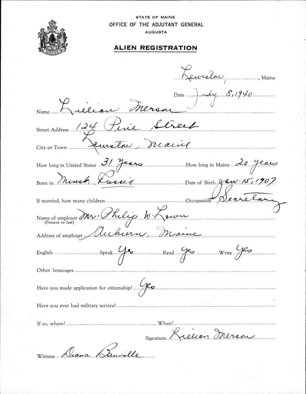Miniature of Alien Registration- Merson, Lillian (Lewiston, Androscoggin County)