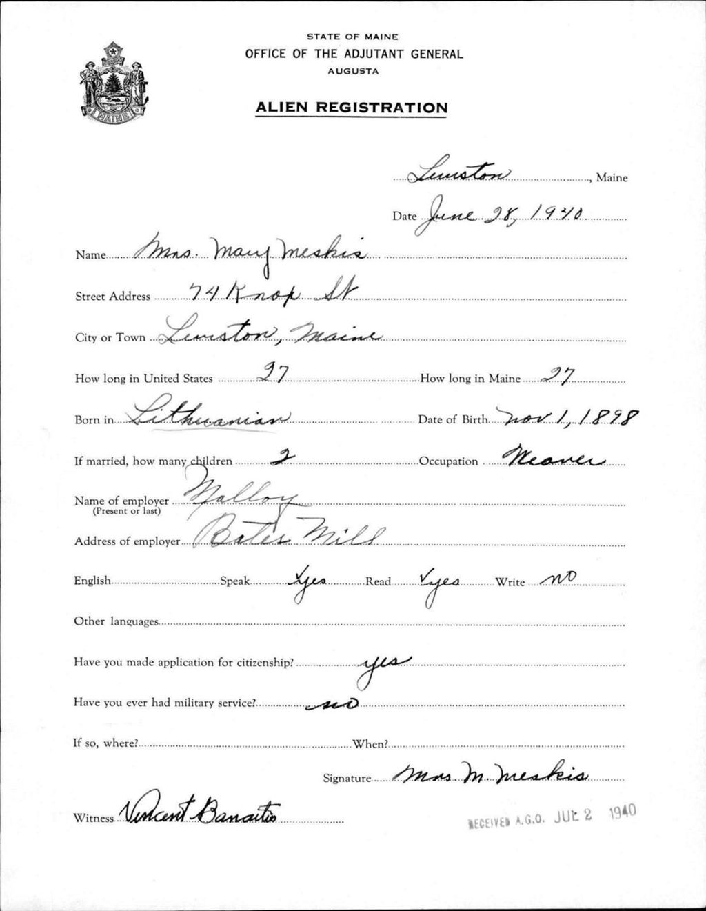 Miniature of Alien Registration- Meskis, Mary (Lewiston, Androscoggin County)