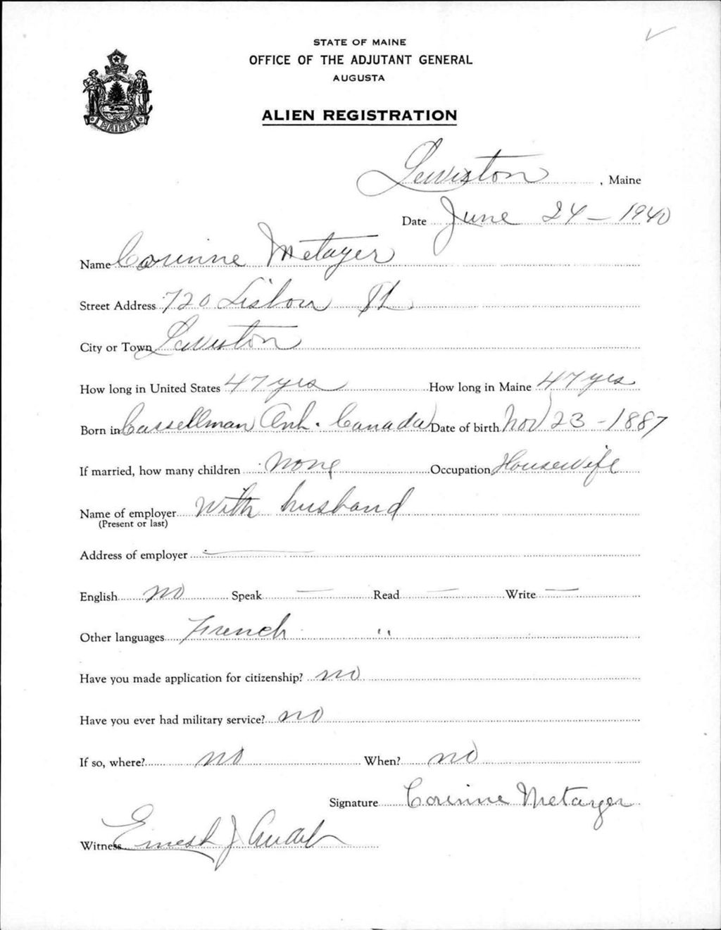 Miniature of Alien Registration- Metayer, Corinne (Lewiston, Androscoggin County)
