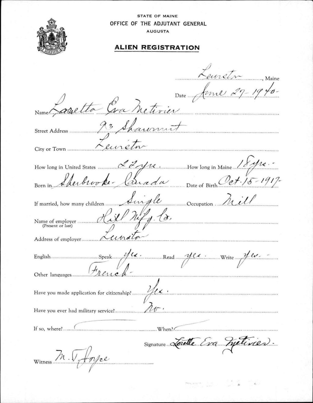 Miniature of Alien Registration- Metivier, Loretta (Lewiston, Androscoggin County)