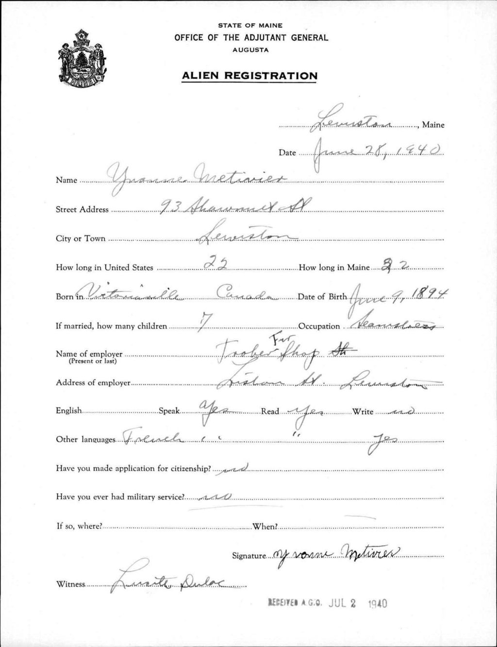 Miniature of Alien Registration- Metivier, Yvonne (Lewiston, Androscoggin County)