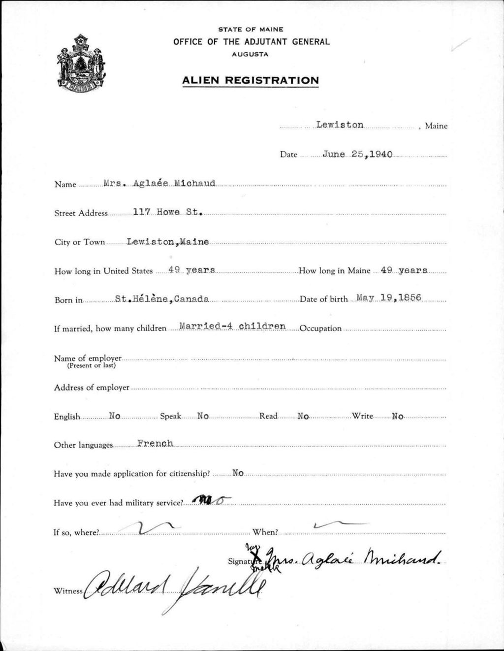 Miniature of Alien Registration- Michaud, Aglaee (Lewiston, Androscoggin County)