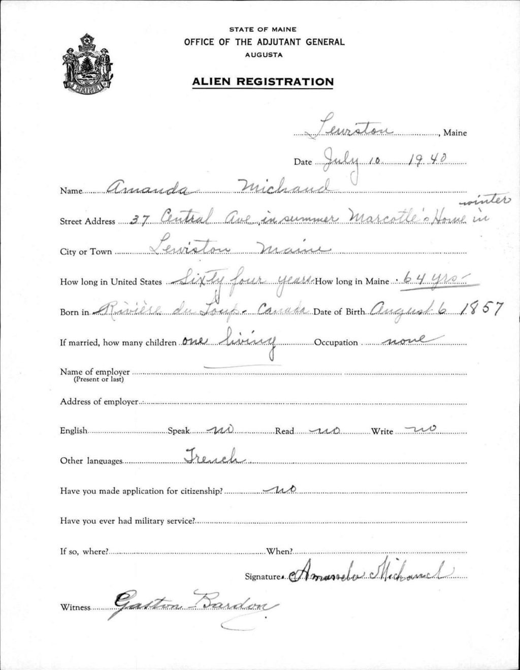 Miniature of Alien Registration- Michaud, Amanda (Lewiston, Androscoggin County)
