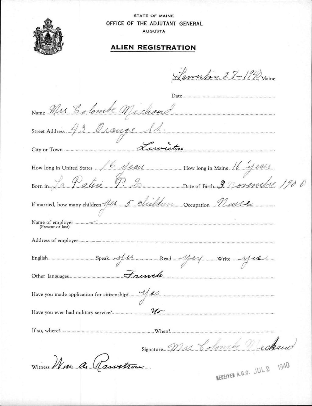 Miniature of Alien Registration- Michaud, Colombe (Lewiston, Androscoggin County)