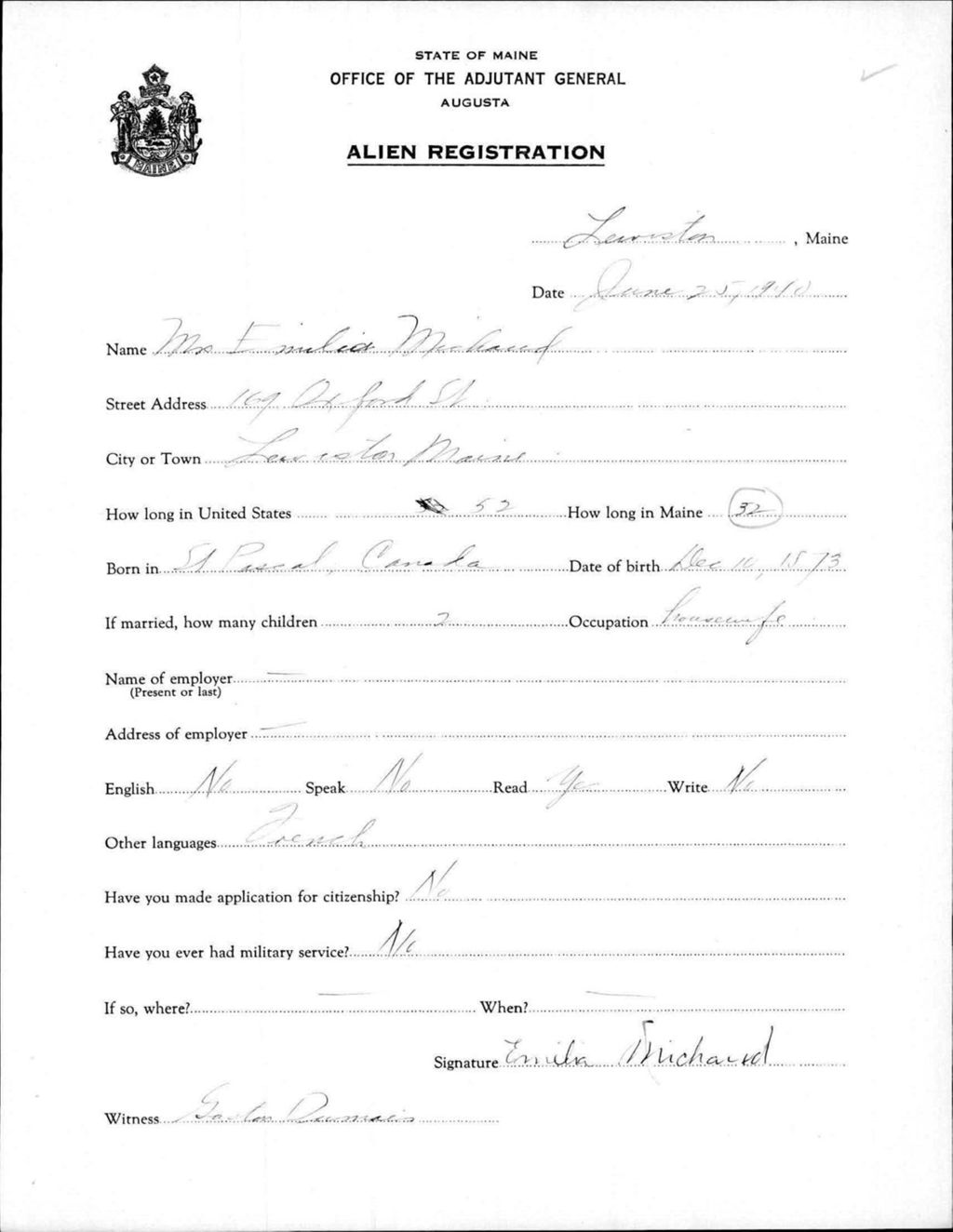 Miniature of Alien Registration- Michaud, Emilia (Lewiston, Androscoggin County)
