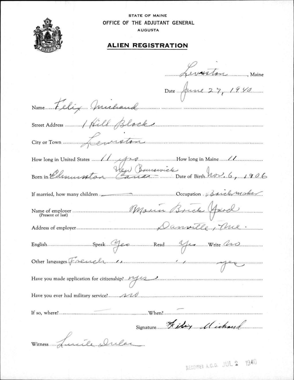 Miniature of Alien Registration- Michaud, Felix (Lewiston, Androscoggin County)