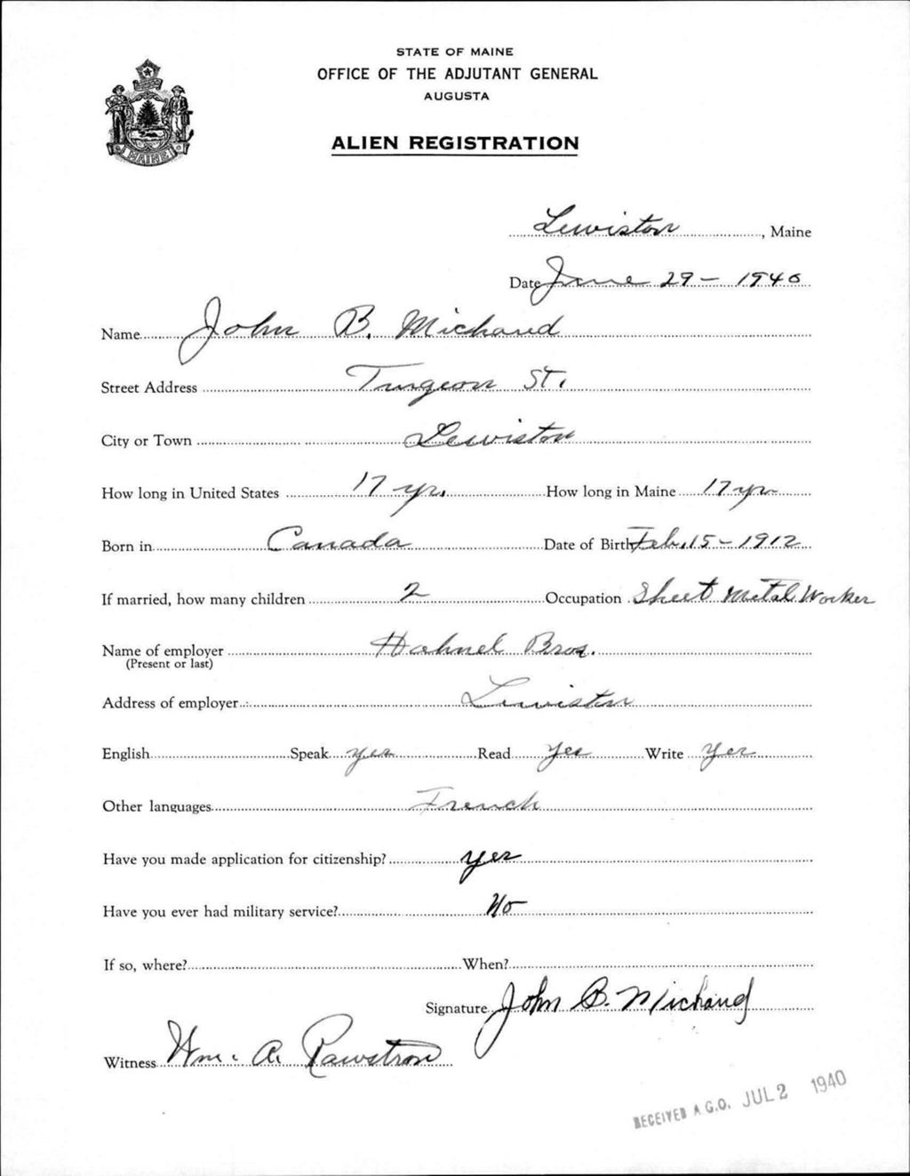 Miniature of Alien Registration- Michaud, John B. (Lewiston, Androscoggin County)