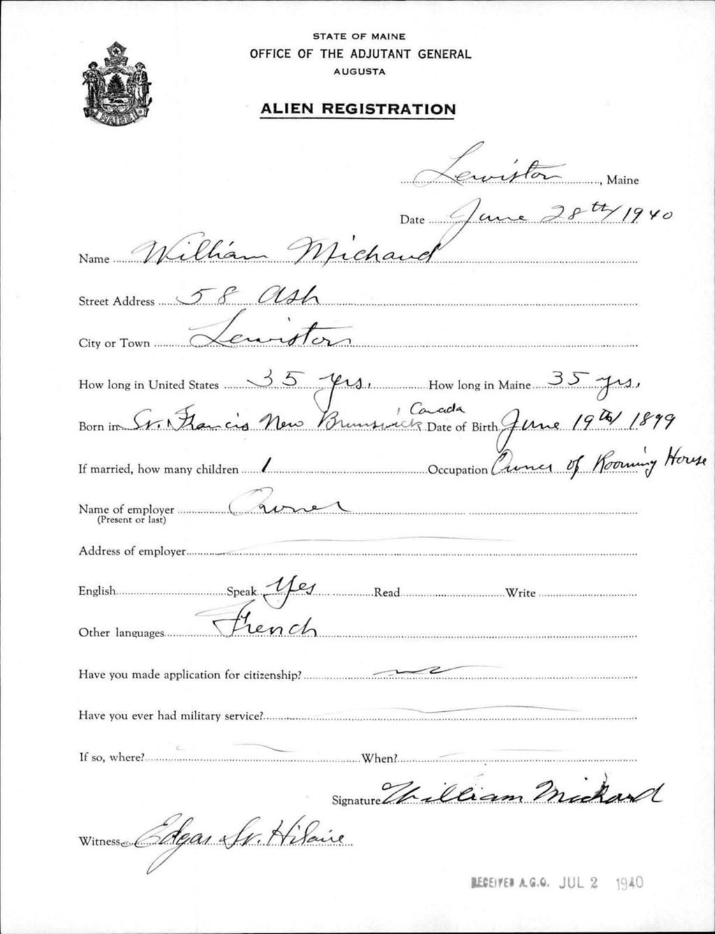 Miniature of Alien Registration- Michaud, William (Lewiston, Androscoggin County)
