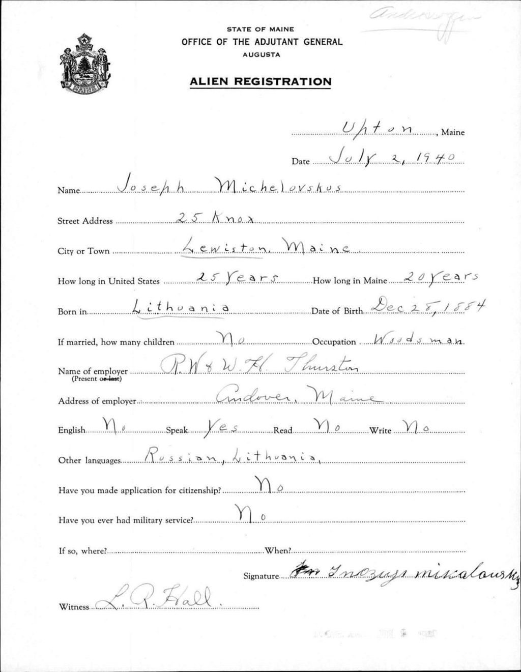 Miniature of Alien Registration- Michelovskus, Joseph (Lewiston, Androscoggin County)