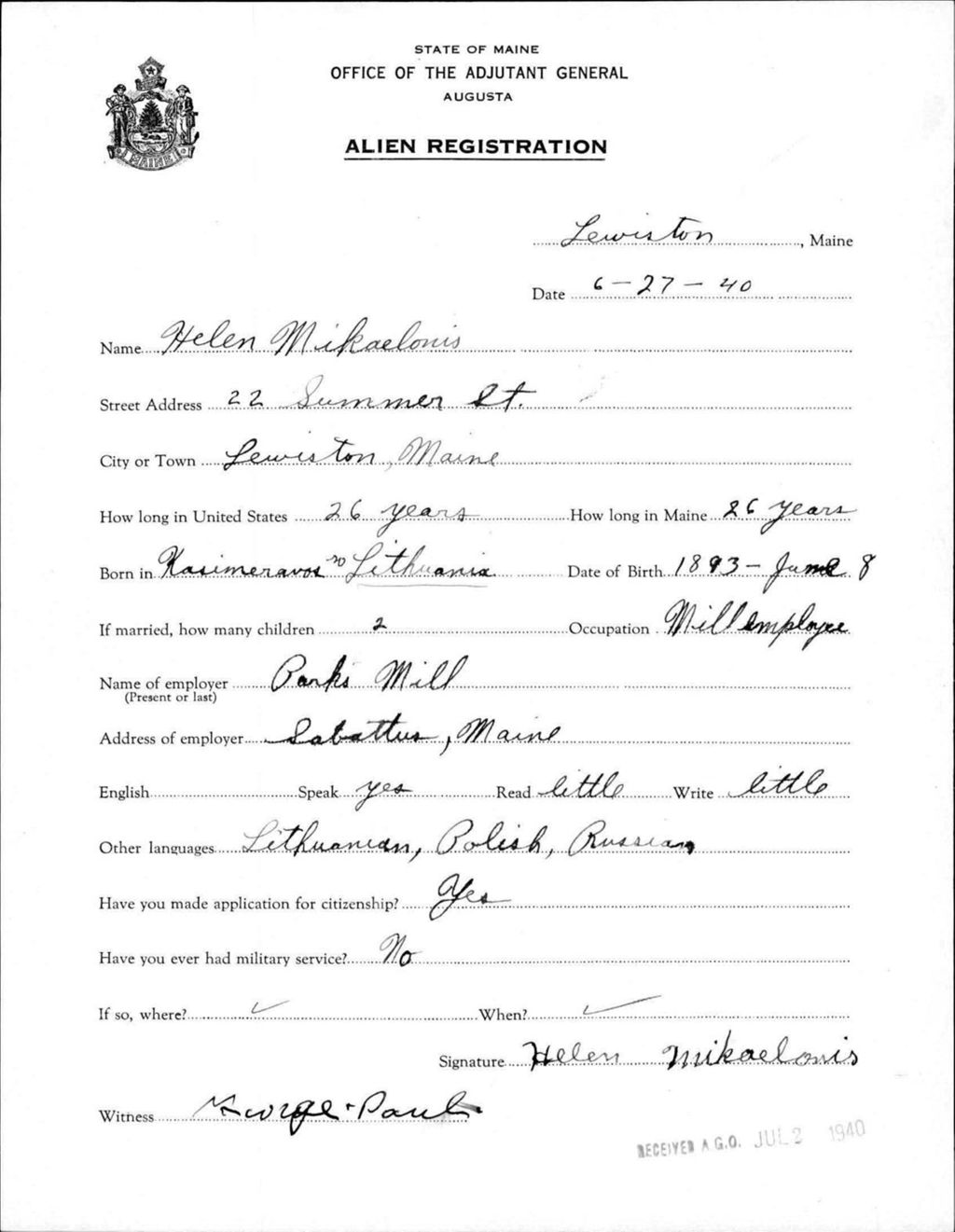 Miniature of Alien Registration- Mikaelonis, Helen (Lewiston, Androscoggin County)