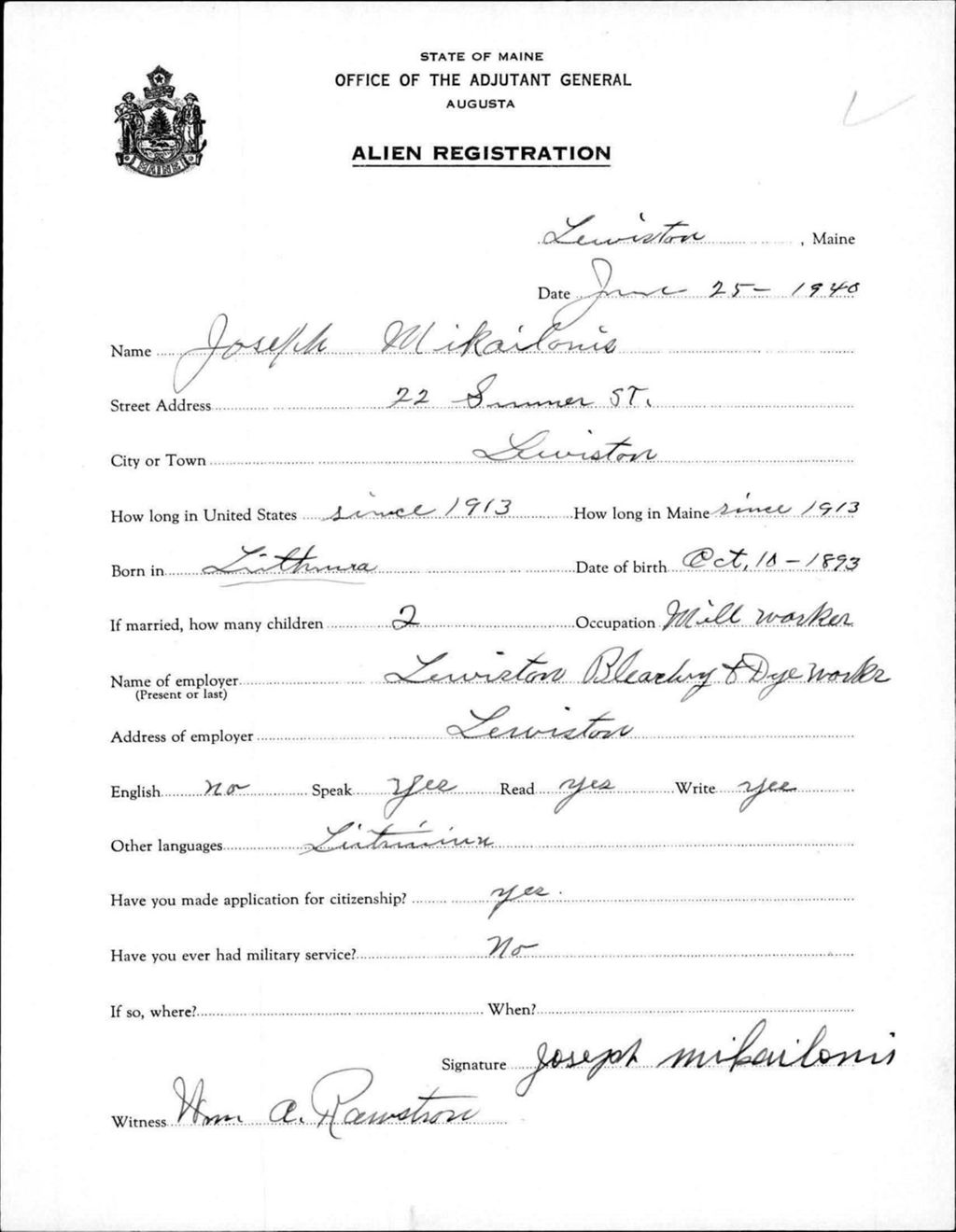Miniature of Alien Registration- Mikailonis, Joseph (Lewiston, Androscoggin County)