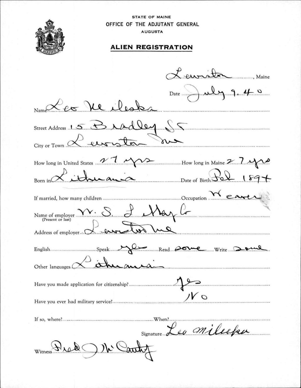 Miniature of Alien Registration- Mileska, Leo (Lewiston, Androscoggin County)