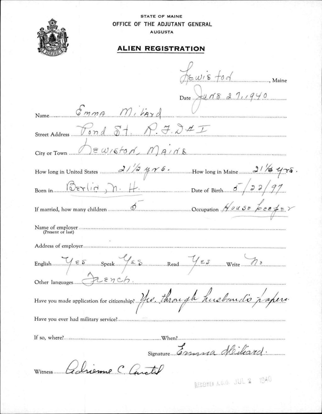 Miniature of Alien Registration- Milard, Emma (Lewiston, Androscoggin County)
