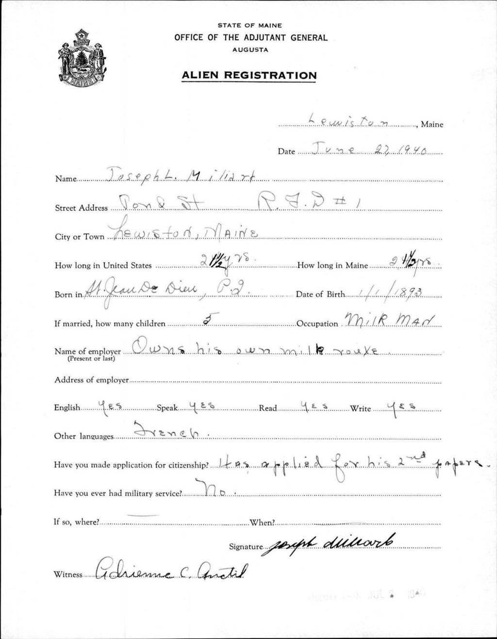 Miniature of Alien Registration- Miliard, Joseph L. (Lewiston, Androscoggin County)