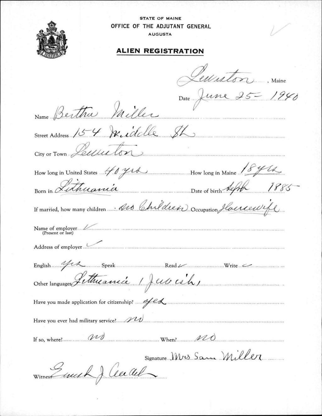 Miniature of Alien Registration- Miller, Bertha (Lewiston, Androscoggin County)