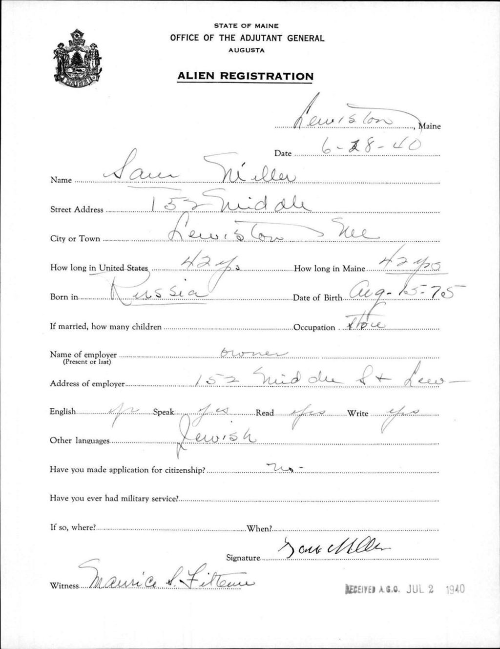 Miniature of Alien Registration- Miller, Sam (Lewiston, Androscoggin County)