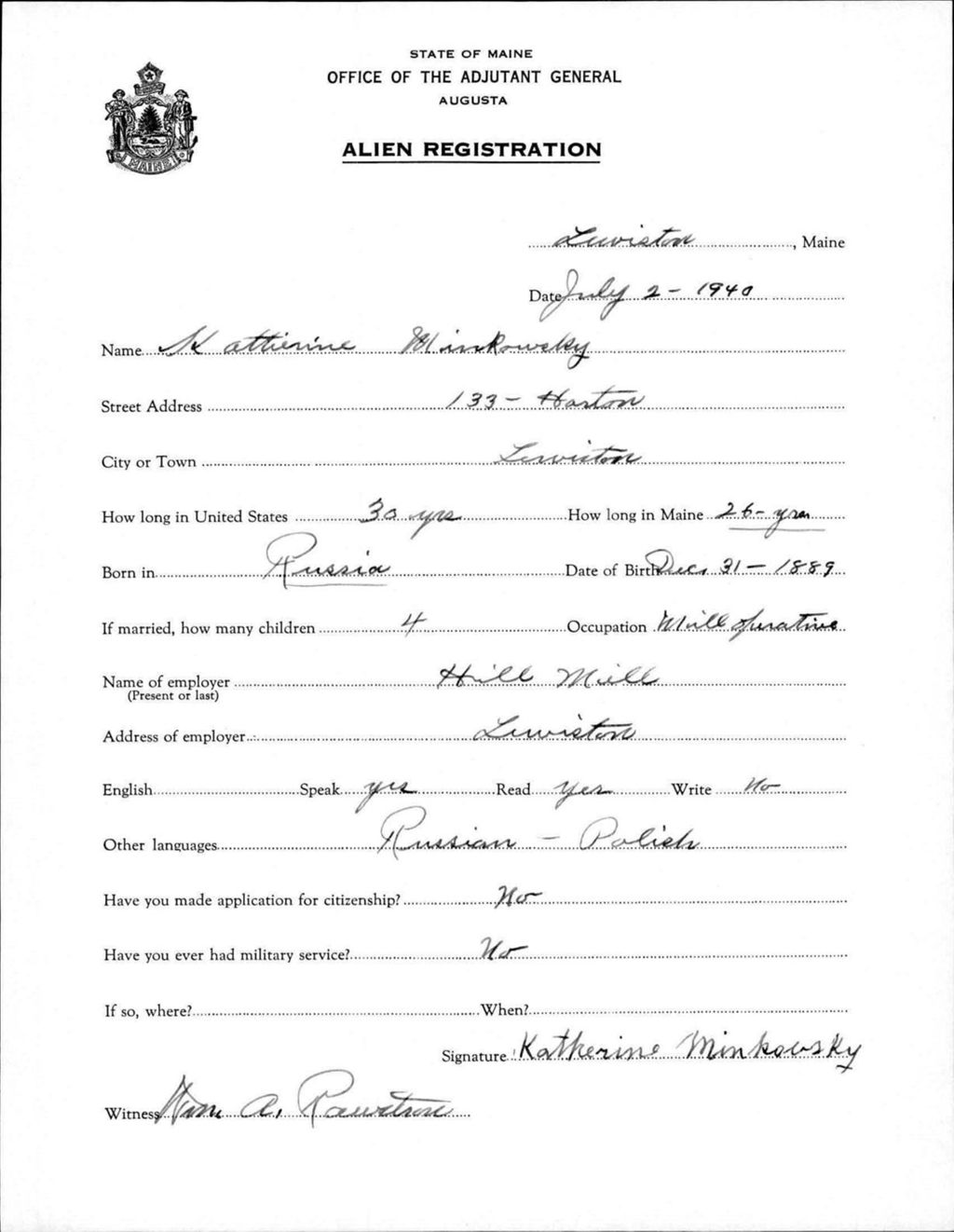 Miniature of Alien Registration- Minkowsky, Katherine (Lewiston, Androscoggin County)