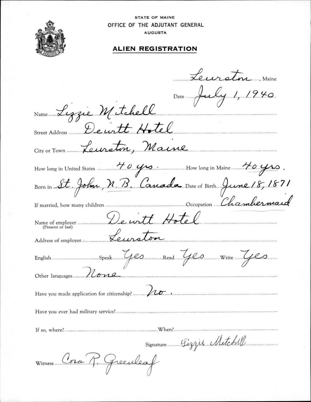 Miniature of Alien Registration- Mitchell, Lizzie (Lewiston, Androscoggin County)