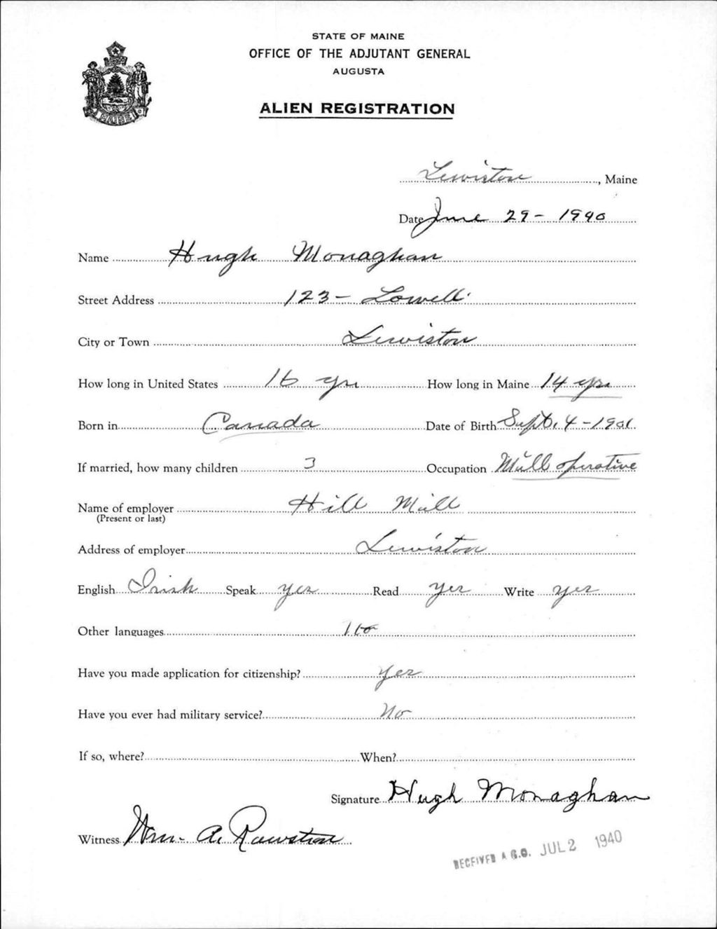 Miniature of Alien Registration- Monaghan, Hugh (Lewiston, Androscoggin County)