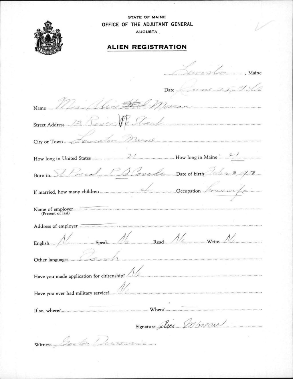 Miniature of Alien Registration- Moreau, Alice (Lewiston, Androscoggin County)
