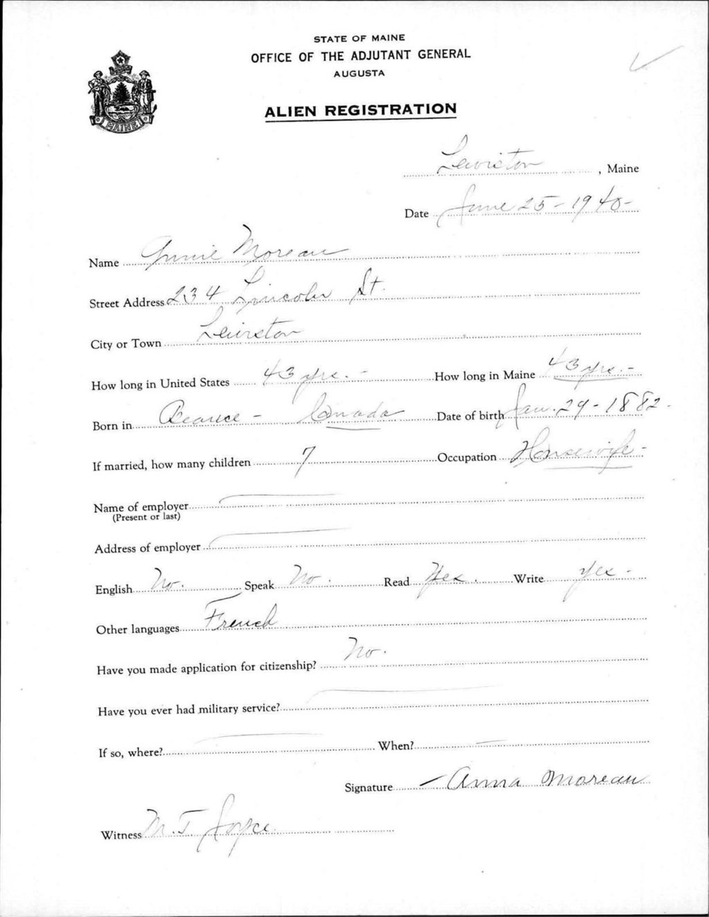 Miniature of Alien Registration- Moreau, Annie (Lewiston, Androscoggin County)