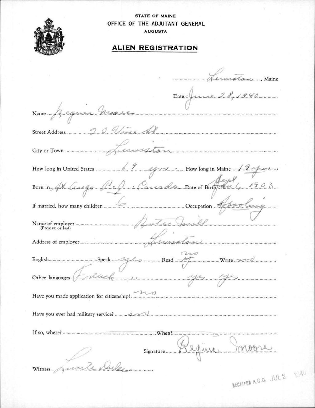 Miniature of Alien Registration- Moore, Regina (Lewiston, Androscoggin County)