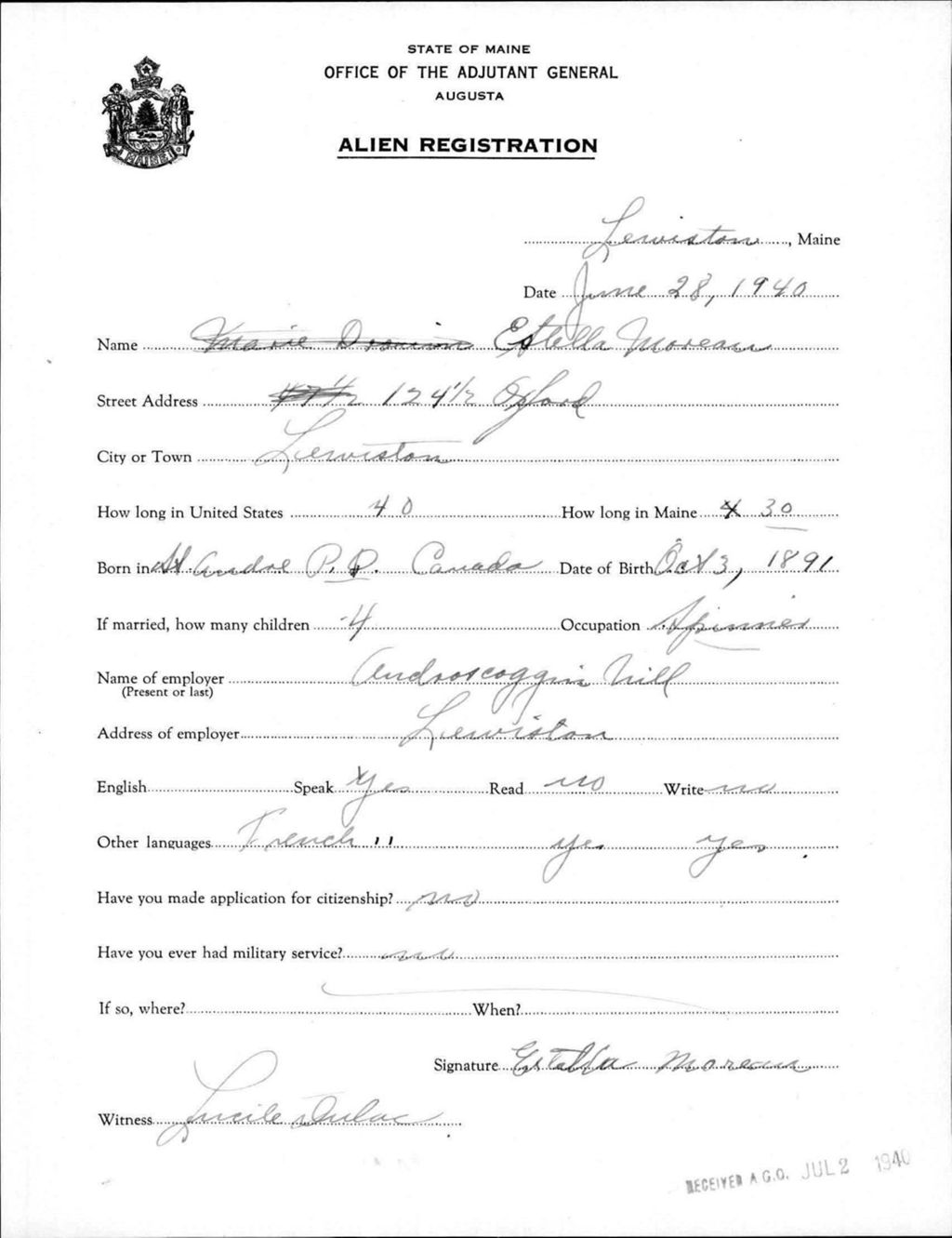 Miniature of Alien Registration- Moreau, Estella (Lewiston, Androscoggin County)