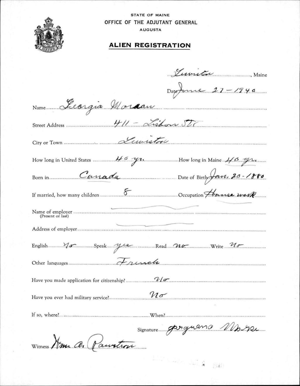 Miniature of Alien Registration- Moreau, Georgia (Lewiston, Androscoggin County)