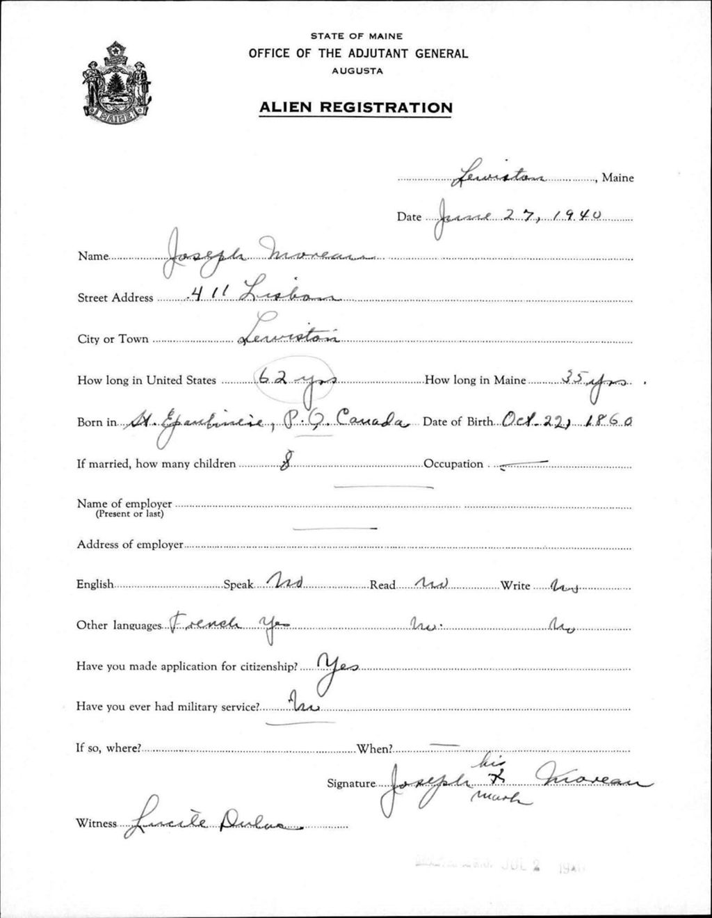 Miniature of Alien Registration- Moreau, Joseph (Lewiston, Androscoggin County)